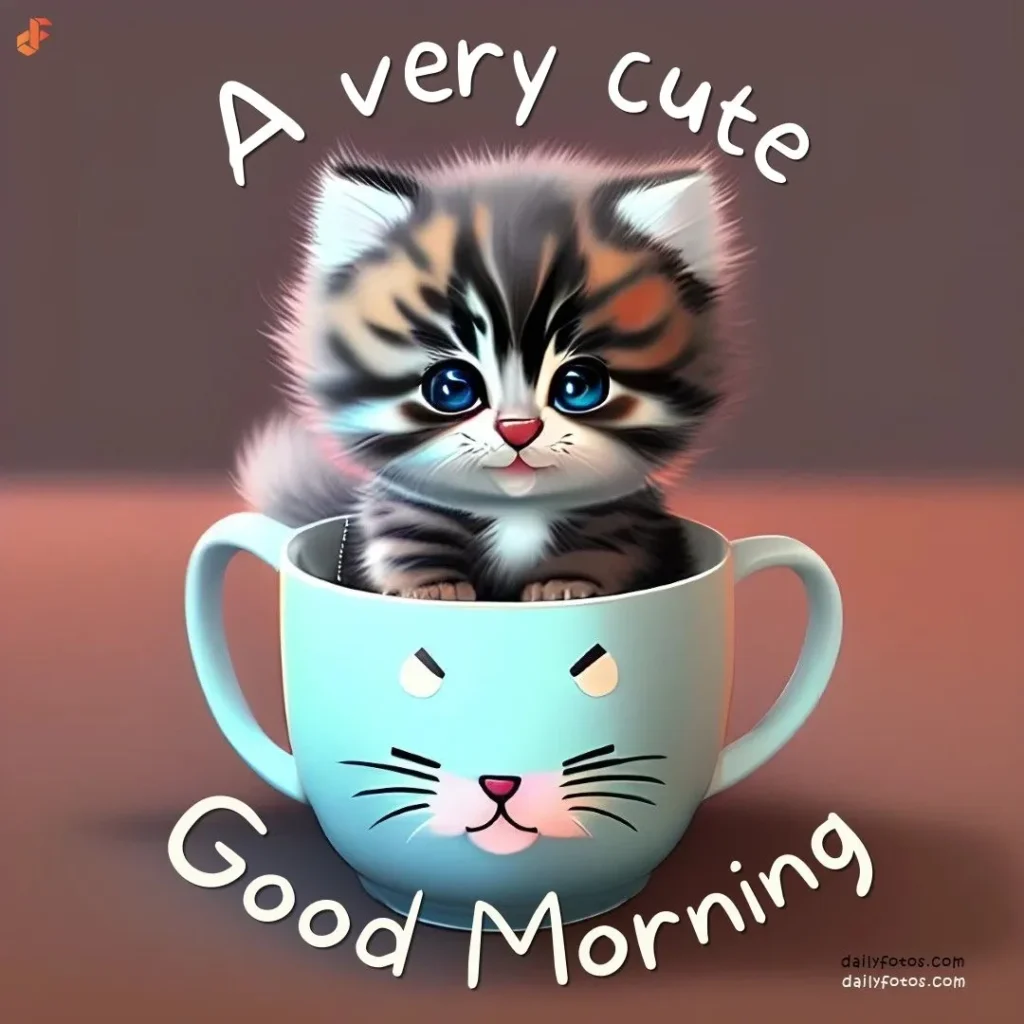cute kitten in coffee mug good morning