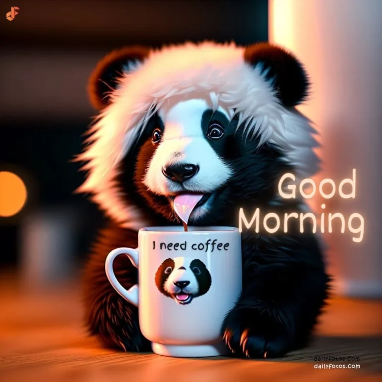 panda drinking coffee good morning