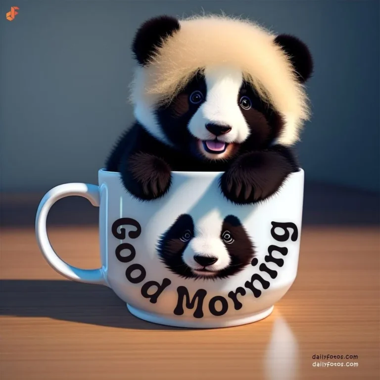 panda in coffee mug good morning