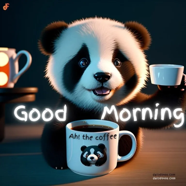 panda with coffee good morning