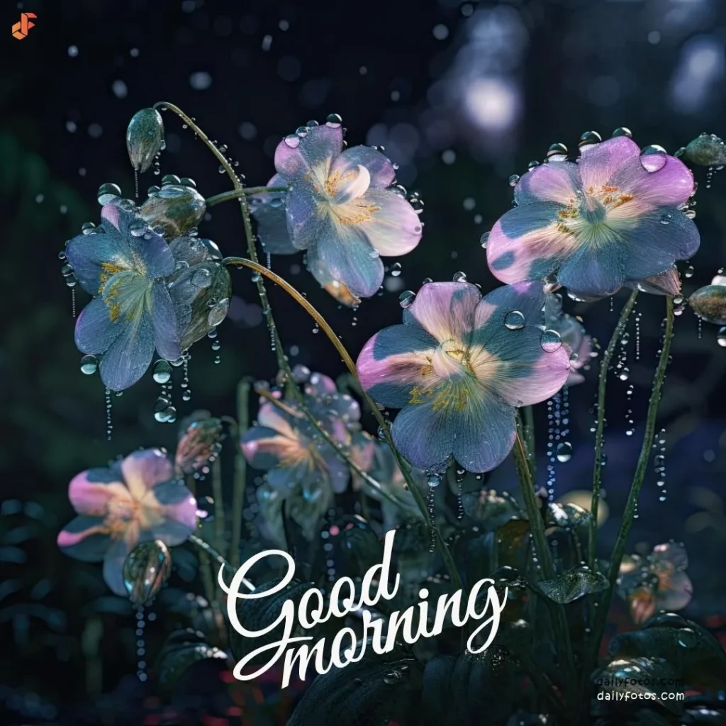 Digital art good morning image of blue and purple flowers and dew drops