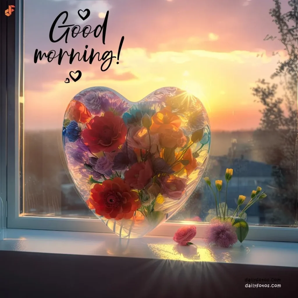 Digital art good morning image of flowers in glass heart and sunrise