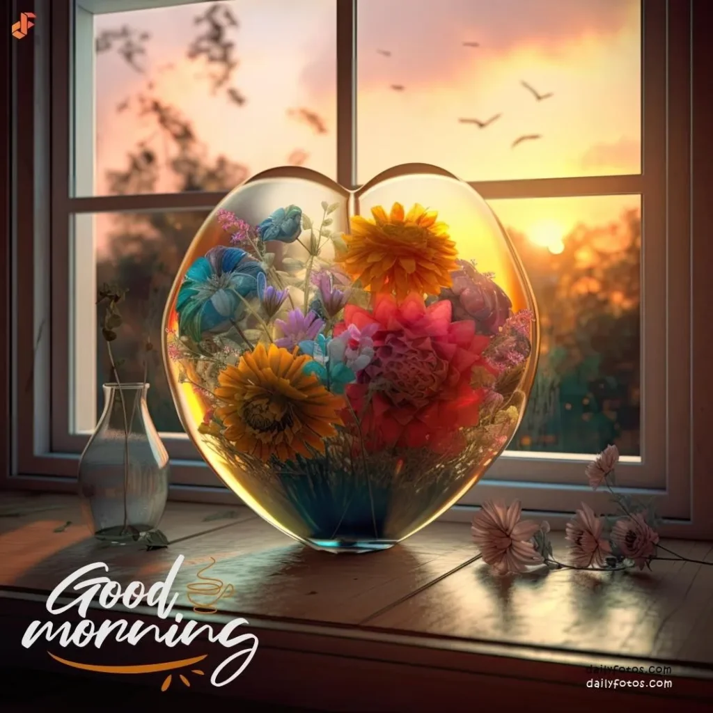 Digital art good morning image of flowers in glass heart and sunrise 2
