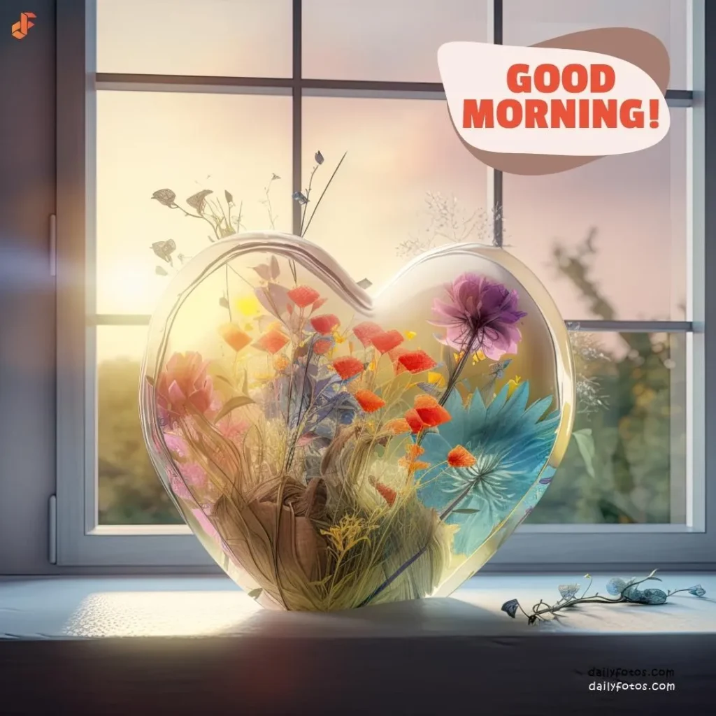 Digital art good morning image of flowers in glass heart and sunrise 3