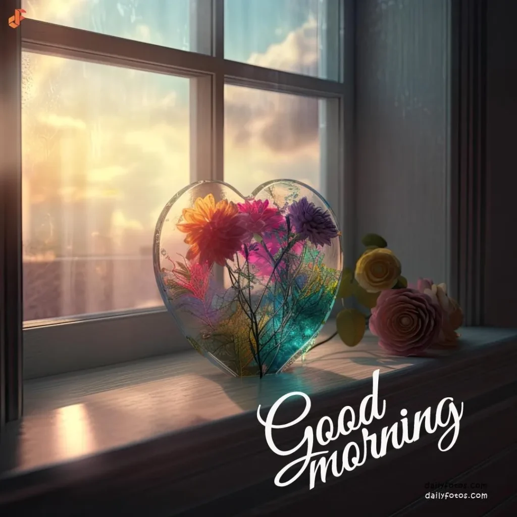 Digital art good morning image of flowers in glass heart near window