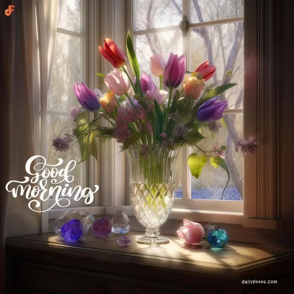 Digital art good morning image of flowers in glass vase near window