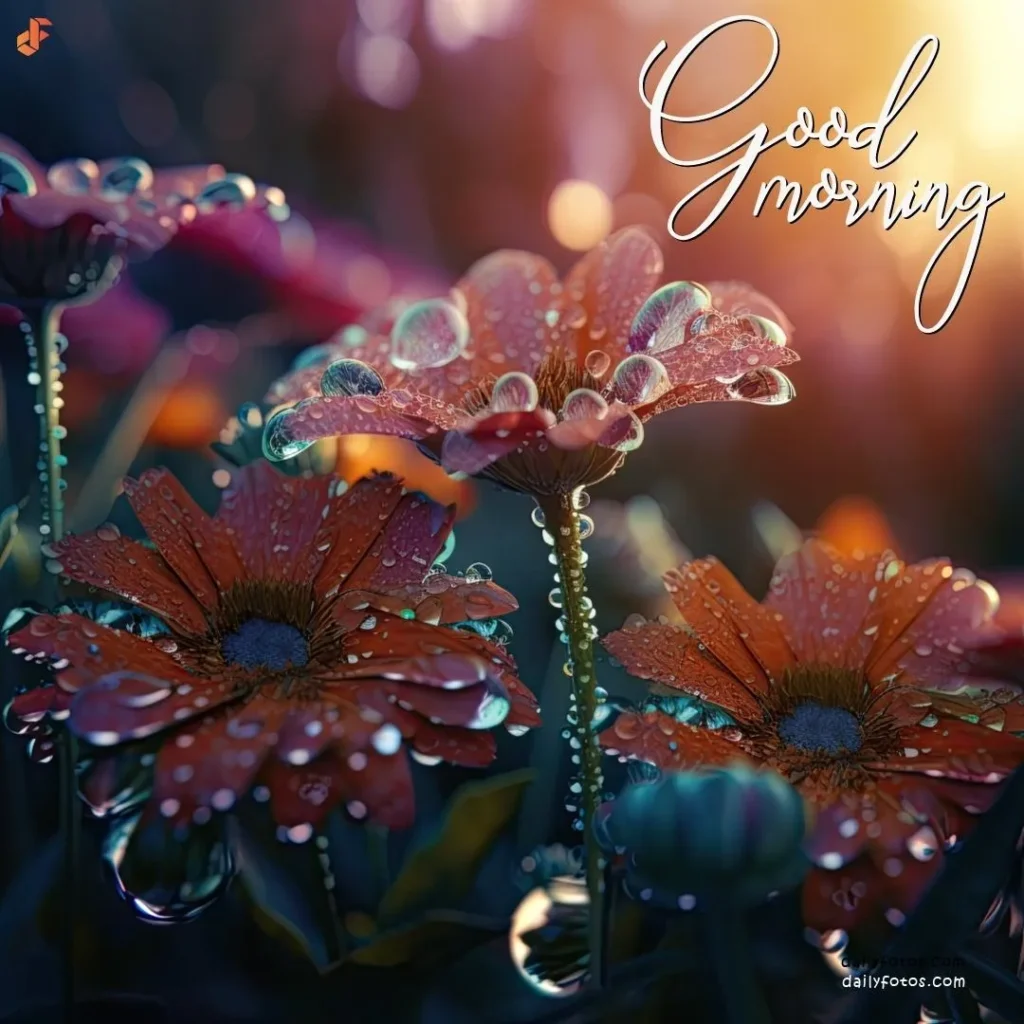 Digital art good morning image of red flowers and dew drops