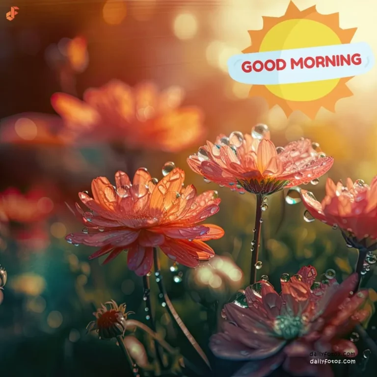 Digital art good morning image of red flowers dew drops and sunrise