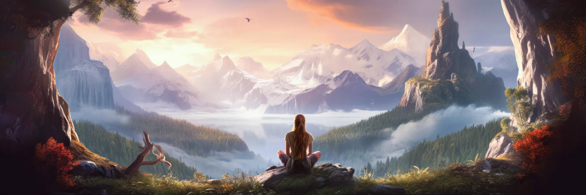 Girl watching sunrise from mountain