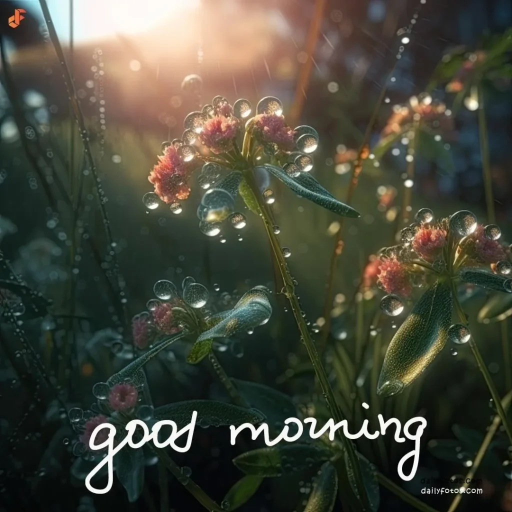 Good morning digital art of flowers dew drops and sunrise