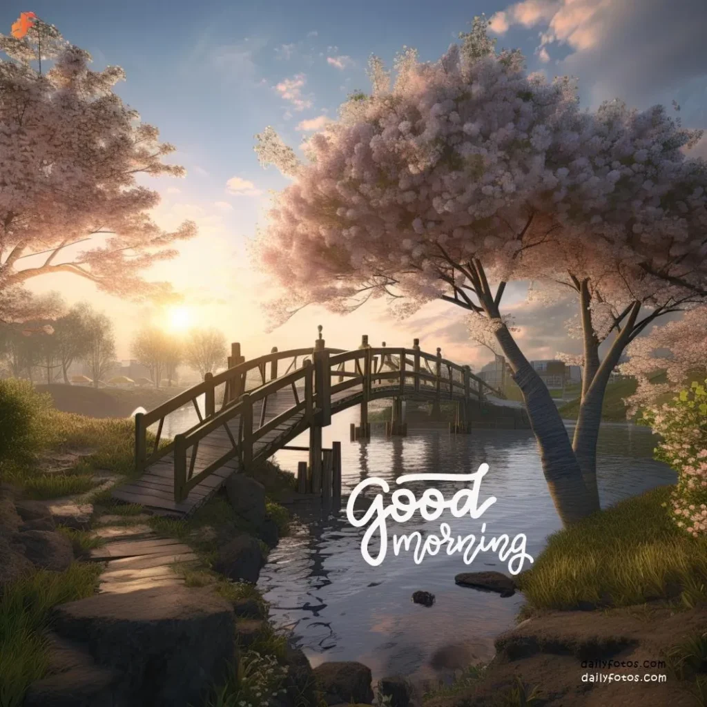 Good morning digital art of foot bridge on river cherry blossom tree and sunrise