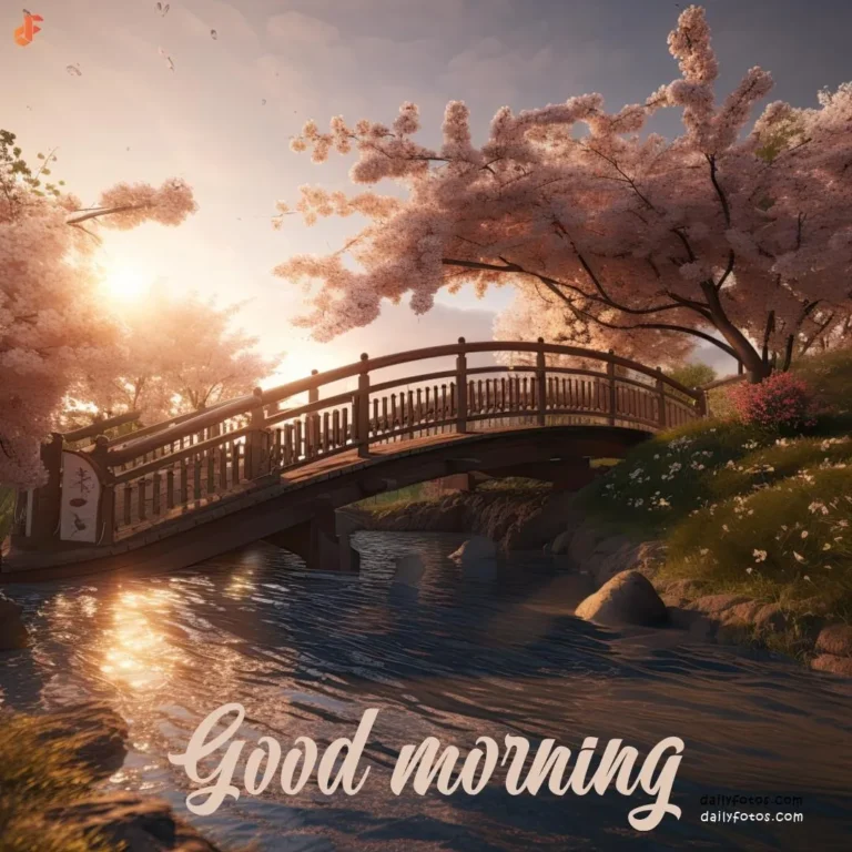 Good morning digital art of foot bridge on river cherry blossom tree and sunrise 3
