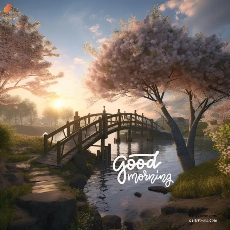 Good morning digital art of foot bridge on river cherry blossom tree and sunrise