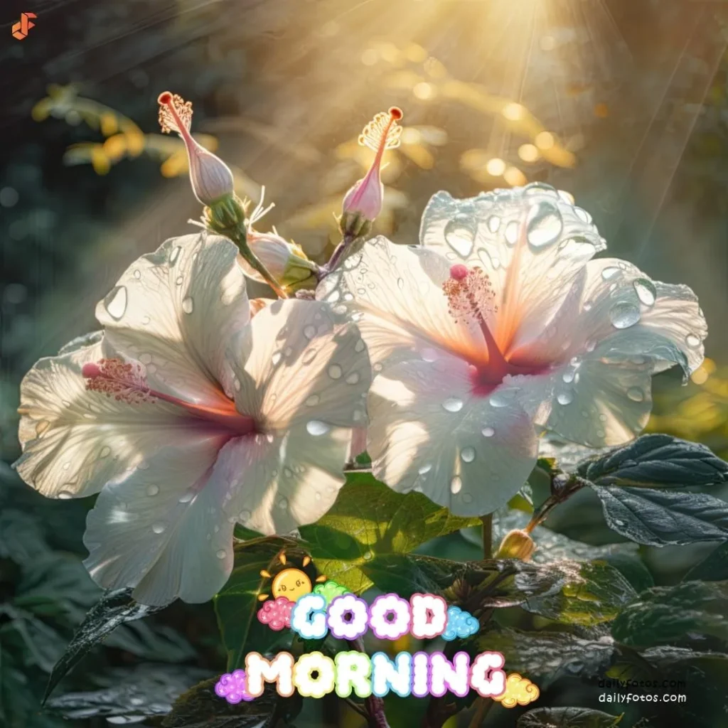 Good morning digital image of white hibiscus and sunrays