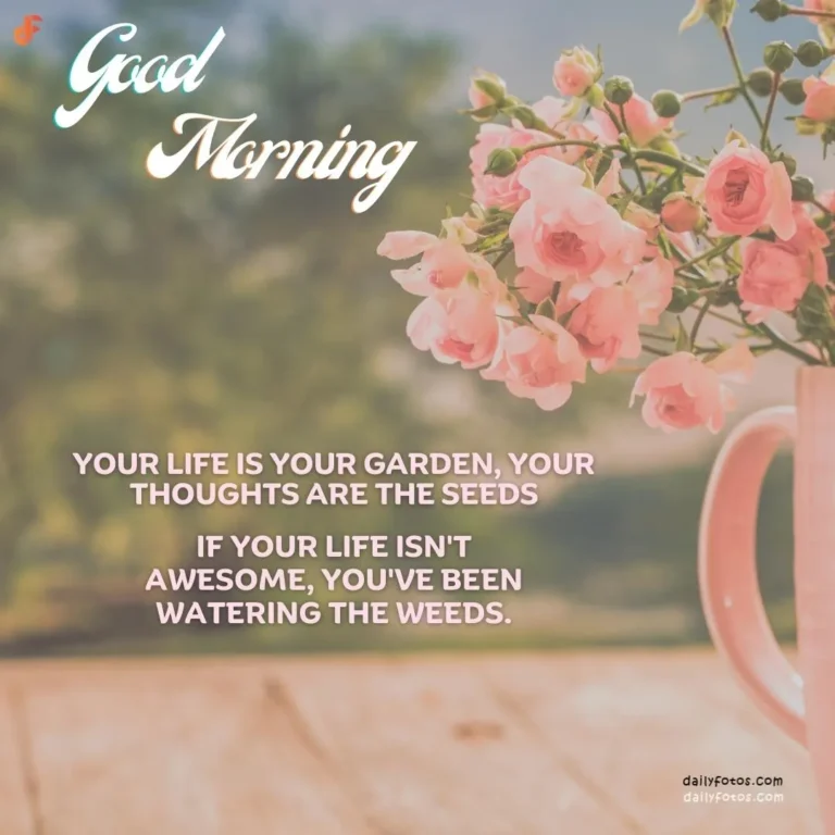 Good morning image of pink flowers in a mug and a quote