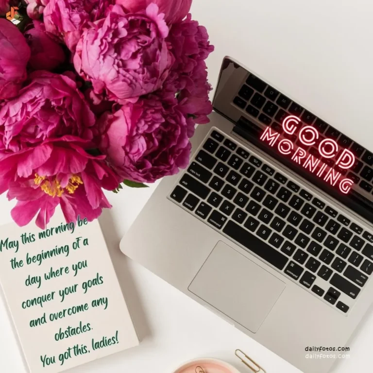 Good morning message image with pink flowers and laptop