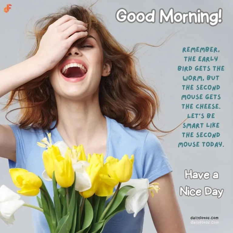 Good morrning message image of a girl laughing and holding yellow roses