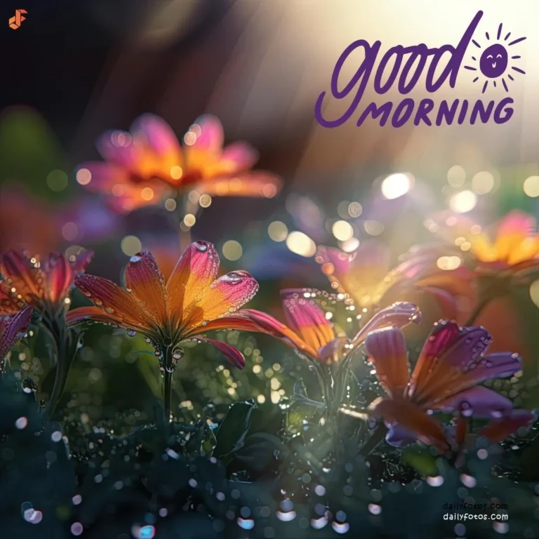 HD good morning digital image of red flowers dew drops and sunrays
