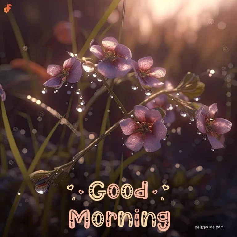 HD good morning image digital art of purple flowers dew drops and sunrays