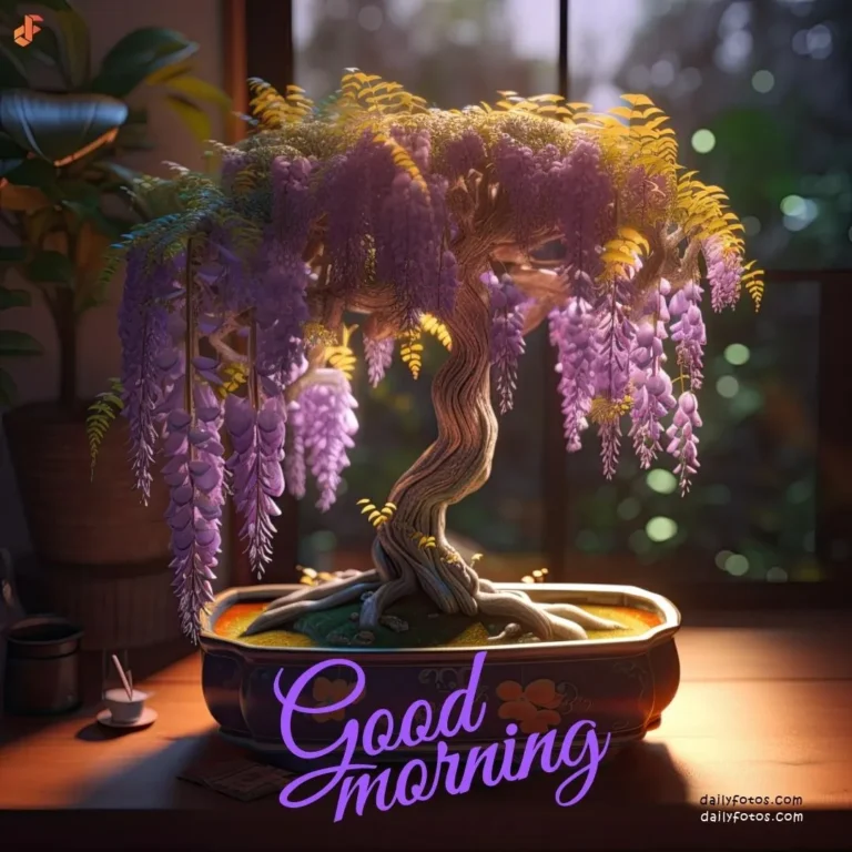 good morning digital 3d hd image of a bonsai plant near window