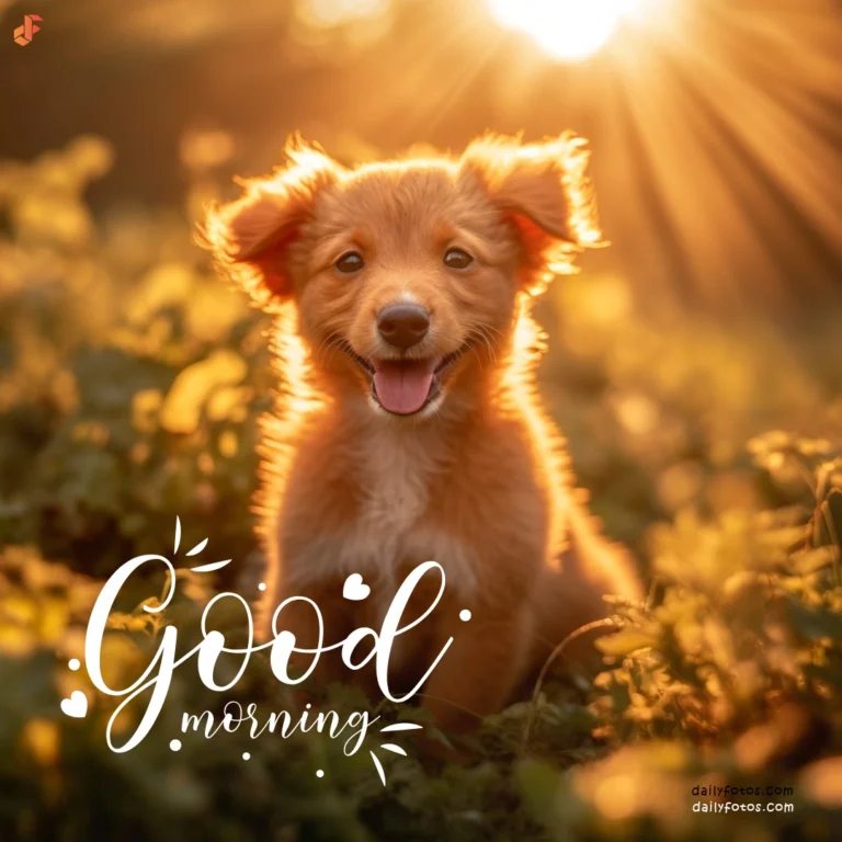 brown puppy smiling at the camera good morning sunrays rimlight