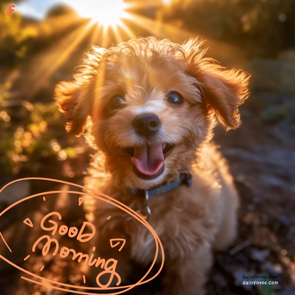brown puppy smiling at the camera sunrise sunrays rimlight 1