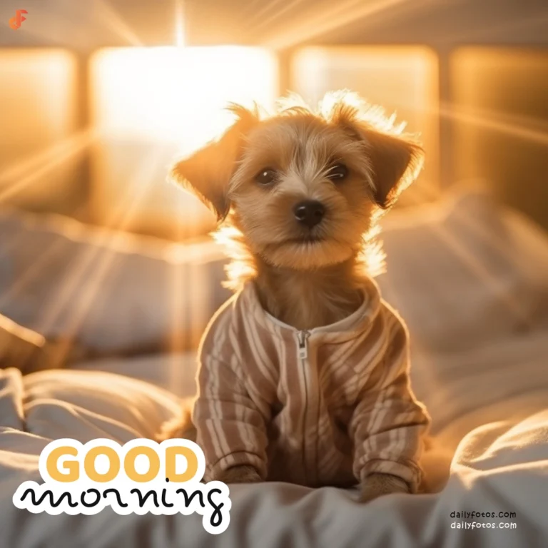 cute puppy in bed wearing night dress looking at the camera morning sunrays rimlight