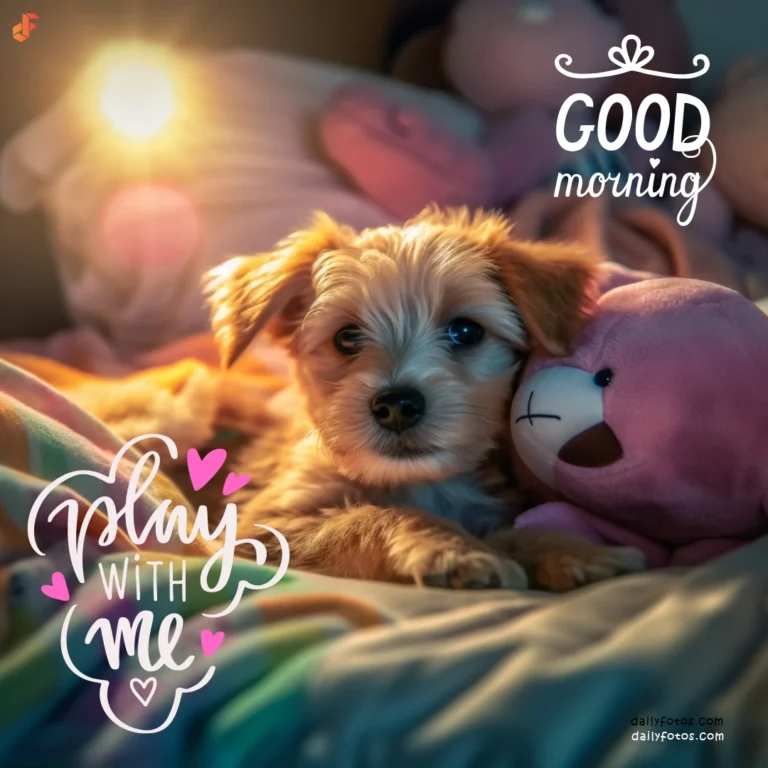 cute puppy in bed with his toy morning sunrays
