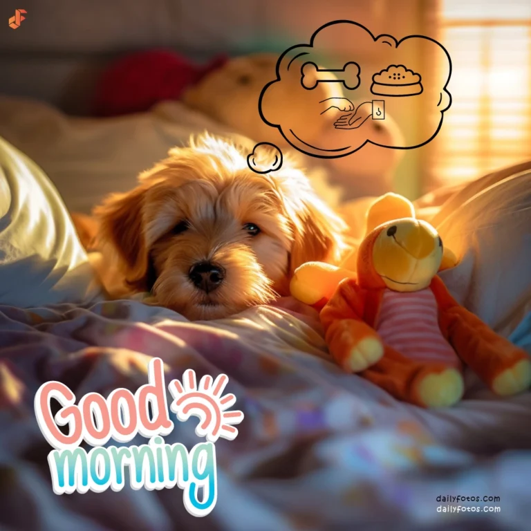 cute puppy in bed with toys morning sunrays from window