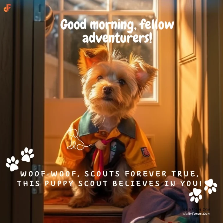cute puppy wearing scout outfit in morning sunlight