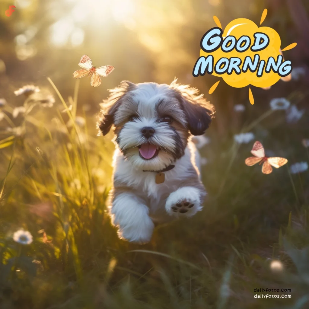 cute shih tzu puppy running in grass chasing butterflies morning sunlight good morning