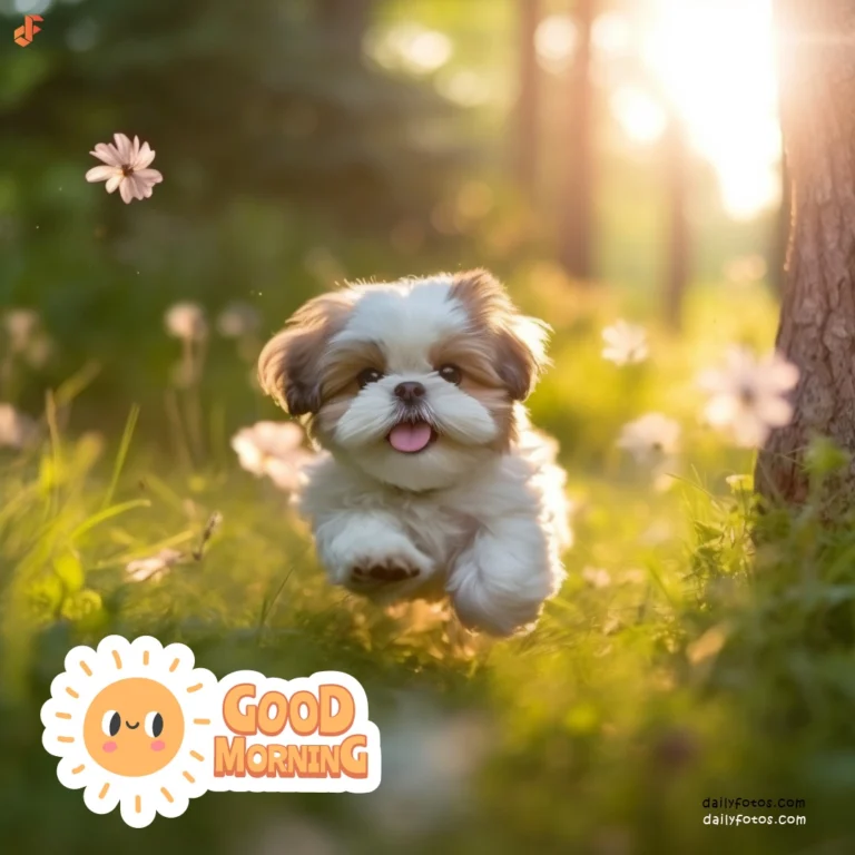 cute shih tzu puppy running in grass morning sunshine good morning
