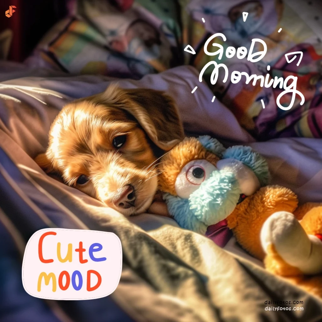 cute sleepy puppy in bed with toys morning sunrays