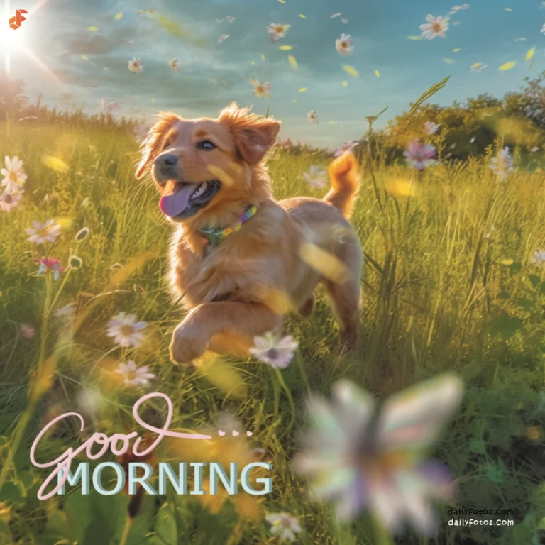 golden retriever happily running in flower field morning sunrays good morning