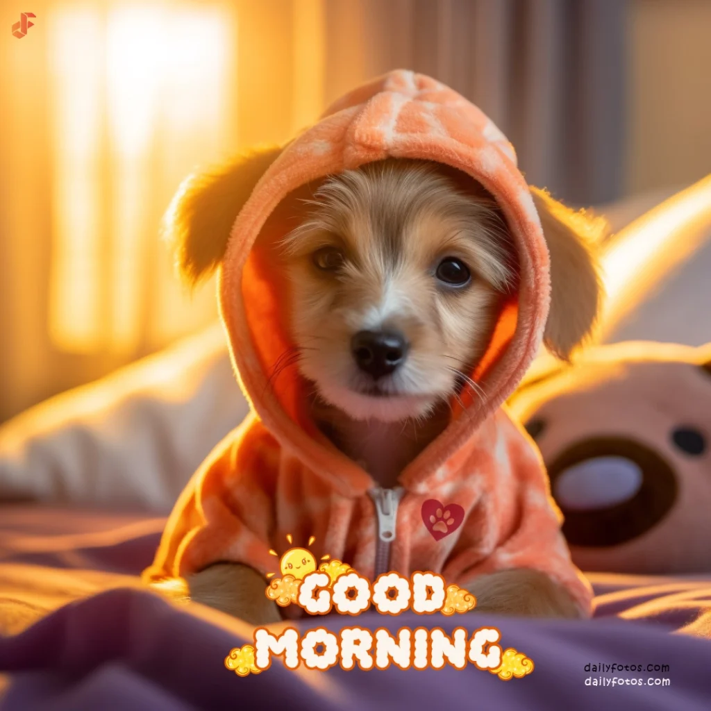 puppy in bed wearing hoodie morning sunlight from window