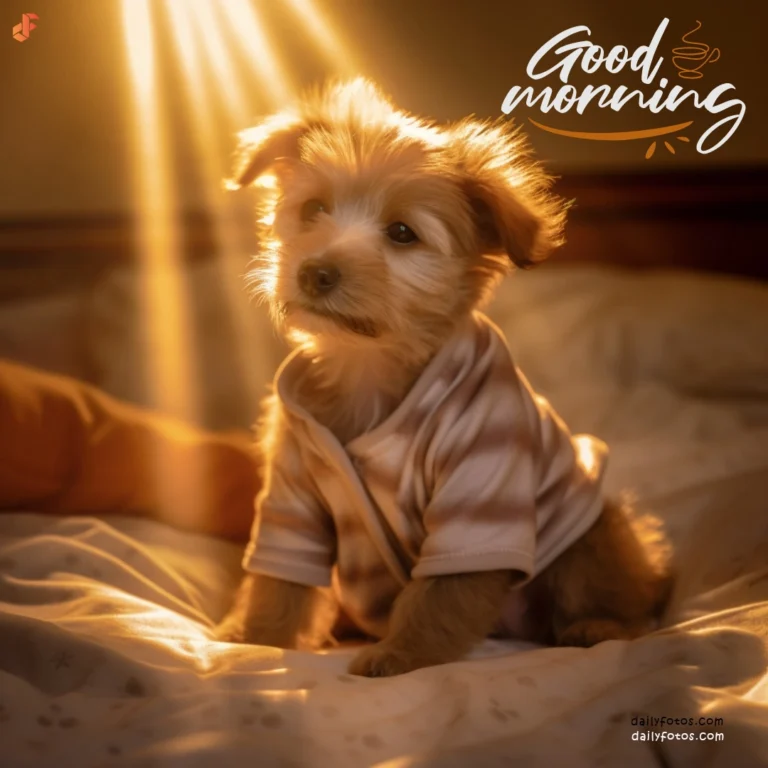 puppy in bed wearing hoodie morning sunlight from window 2