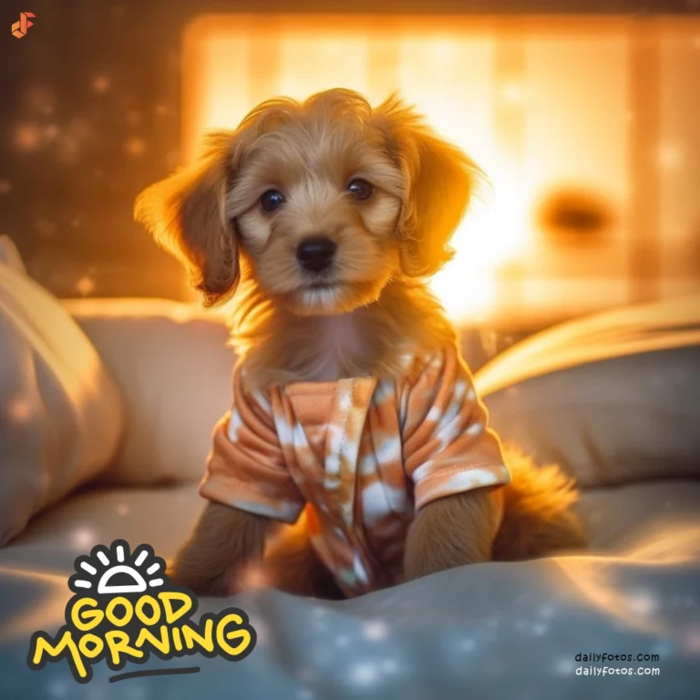 puppy in bed wearing night dress looking at the camera morning time