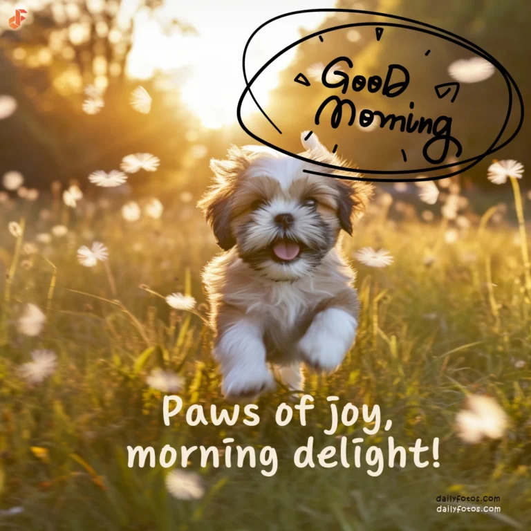 shih tzu puppy running in flower field morning sunlight good morning 2