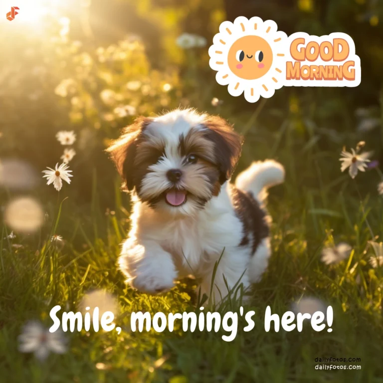 shih tzu puppy running in flower field morning sunlight good morning