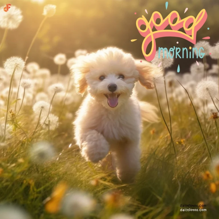 white poodle puppy smiling looking at camera in flower field morning time