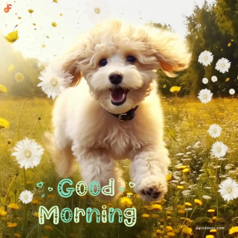 white poodle puppy smiling looking at camera in flower garden good morning