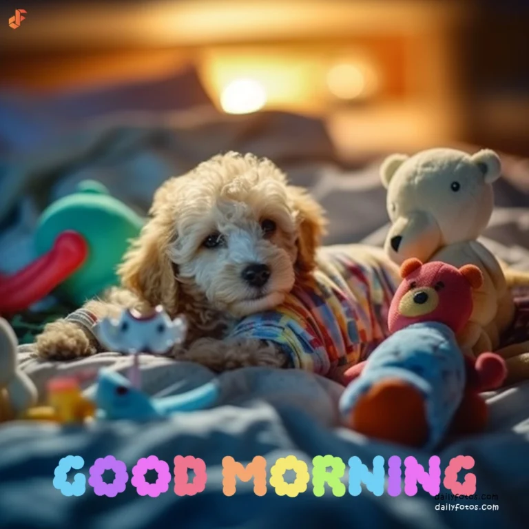 white puppy in bed between toys morning time
