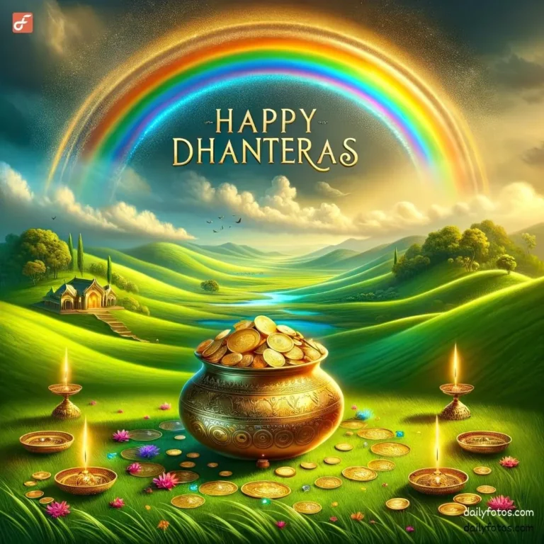 creative rainbow and pot of gold coin happy dhanteras image for whatsapp