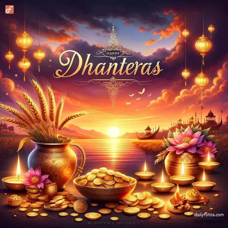 new happy dhanteras image of sunrise and bowl of gold coins